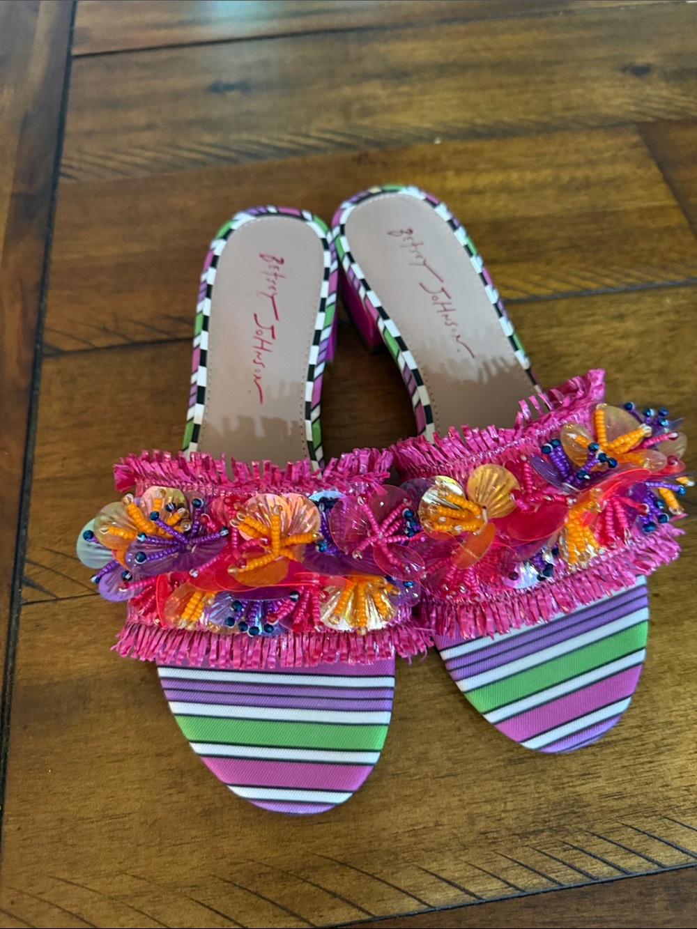 Betsey Johnson Pink Floral Beaded Slide Mules